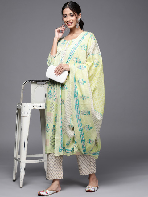 

Biba Green & Off-White Ethnic Motifs Printed Pure Cotton Unstitched Dress Material