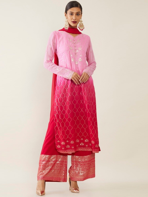 

Soch Women Pink Embroidered Pleated Kurta with Palazzos & Dupatta