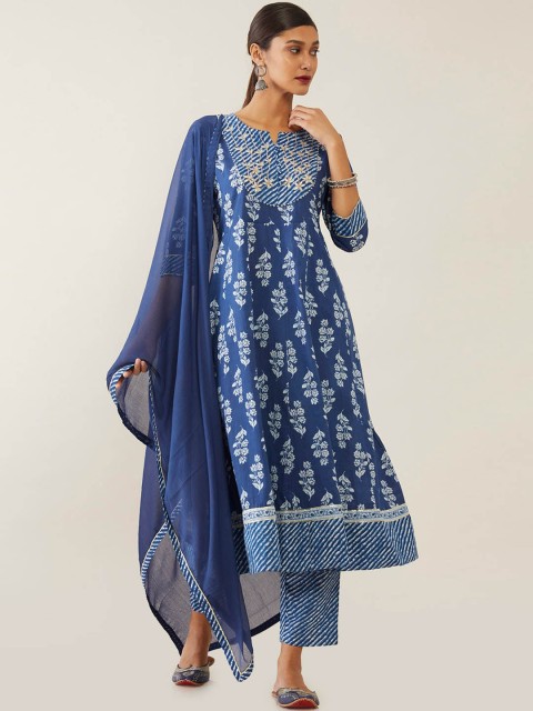 

Soch Women Blue Floral Printed Regular Kurta with Trousers & Dupatta