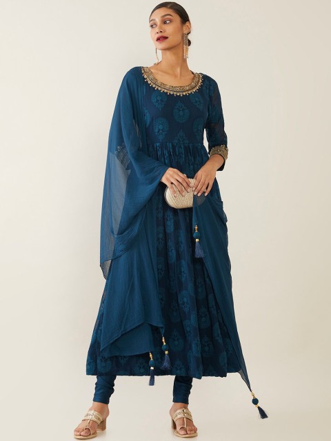 

Soch Women Blue Ethnic Motifs Printed Panelled Kurta with Churidar & Dupatta