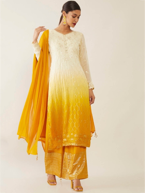 

Soch Women Yellow & Off White Embroidered Regular Kurta with Palazzos & Dupatta