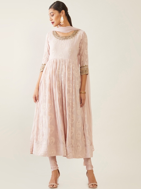 

Soch Women Pink Ethnic Motifs Embroidered Empire Kurta with Churidar & Dupatta