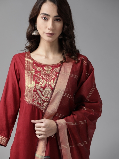 

Indo Era Women Red Regular Patchwork Kurta with Palazzos & With Dupatta