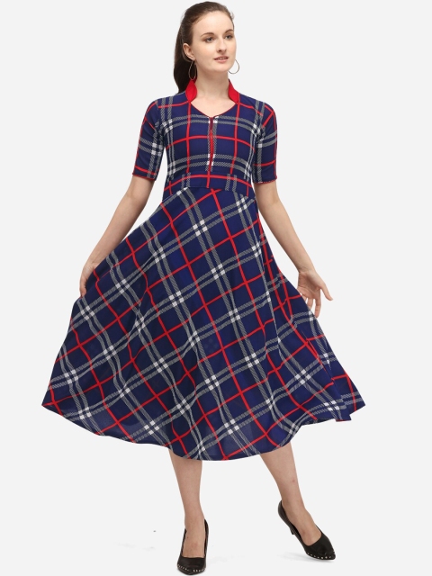 

SAADHVI Women Navy Blue & Red Checked Crepe Midi Dress