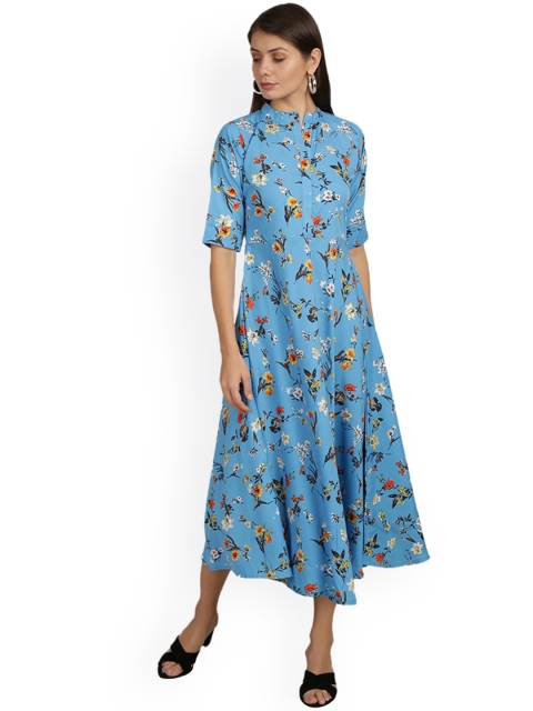 

SAADHVI Blue Floral Crepe Maxi Dress