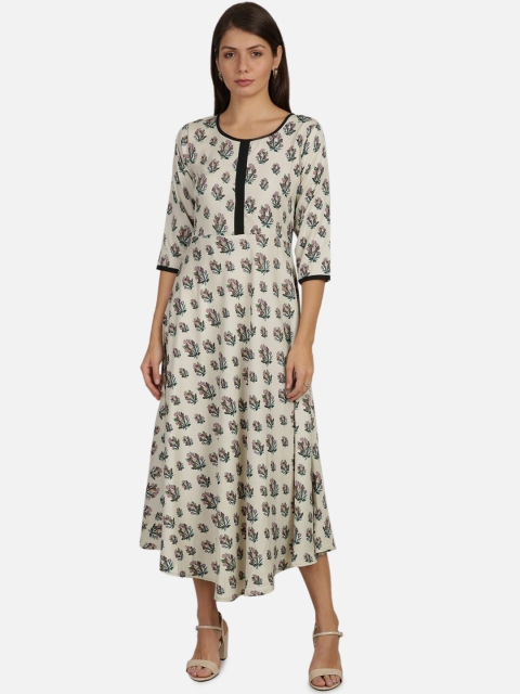 

SAADHVI Women White & Black Floral A-Line Maxi Crepe Dress