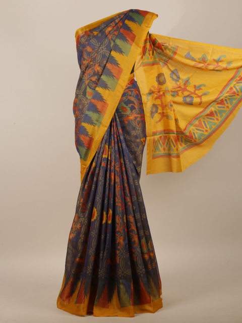 

Pothys Navy Blue & Yellow Floral Brasso Printed Jute Silk Saree
