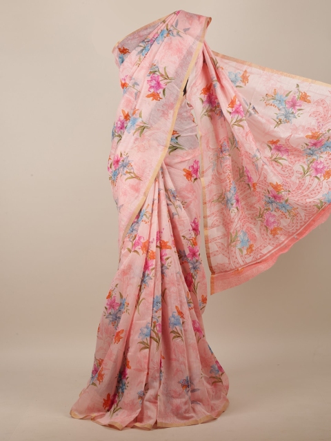 

Pothys Pink & Blue Floral Printed Jute Silk Saree