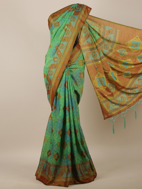 

Pothys Green & Olive Green Geometric Brasso Printed Mirror Work Jute Silk Saree