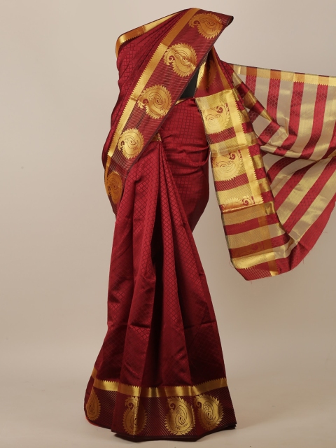 

Pothys Maroon & Gold-Coloured Ethnic Motifs Embossed Zari Jute Silk Saree