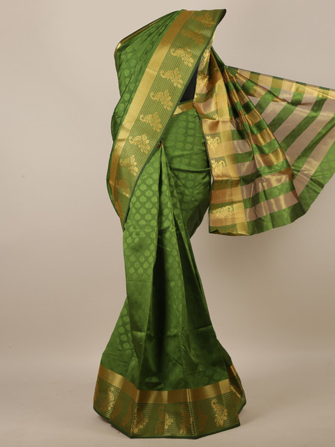 

Pothys Green & Gold-Coloured Ethnic Motifs Embossed Zari Jute Silk Saree