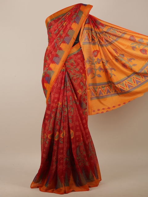 

Pothys Red & Yellow Floral Brasso Printed Jute Silk Saree
