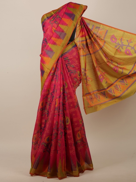 

Pothys Magenta & Green Floral Brasso Printed Jute Silk Saree