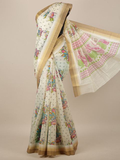 

Pothys Cream-Coloured & Pink Ethnic Motifs Printed Saree