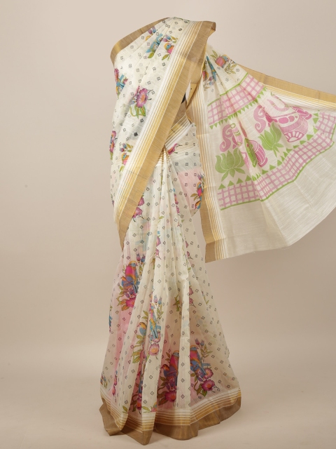 

Pothys Cream-Coloured & Pink Ethnic Motifs Printed Saree