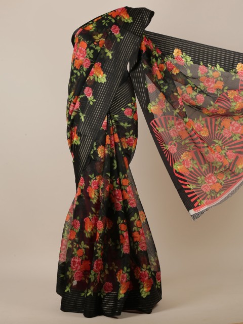 

Pothys Black & Orange Floral Printed Saree