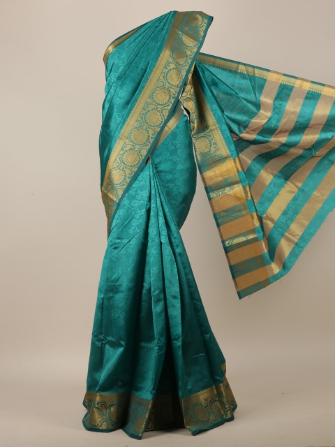 

Pothys Sea Green & Gold-Coloured Floral Embossed Zari Jute Silk Saree