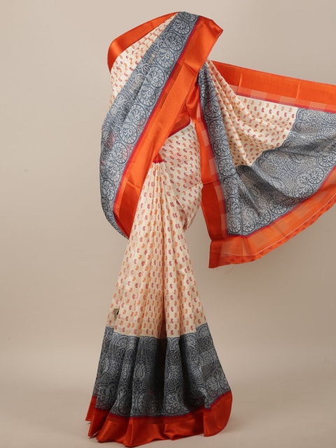 

Pothys Cream-Coloured & Orange Paisley Printed Saree