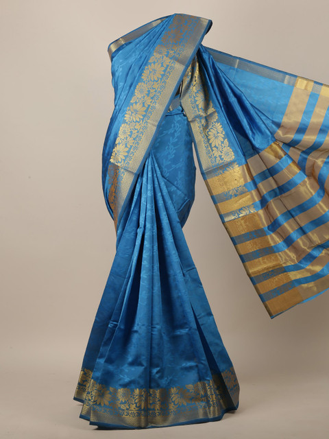 

Pothys Blue & Gold-Coloured Floral Embossed Zari Jute Silk Saree