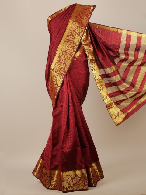 

Pothys Maroon & Gold-Coloured Floral Embossed Zari Jute Silk Saree