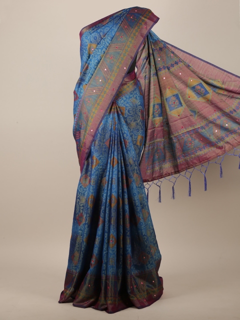 

Pothys Blue & Purple Floral Brasso Printed Mirror Work Jute Silk Saree