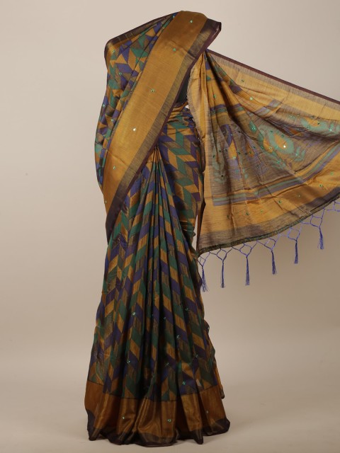 

Pothys Blue & Gold-Coloured Geometric Brasso Printed Mirror Work Jute Silk Saree