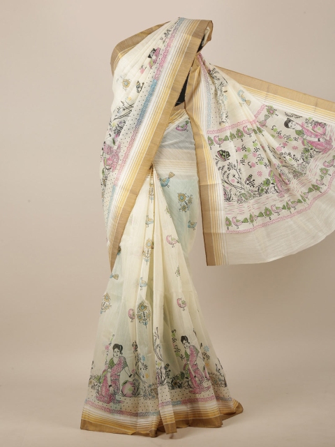 

Pothys Cream-Coloured & Pink Ethnic Motifs Printed Saree