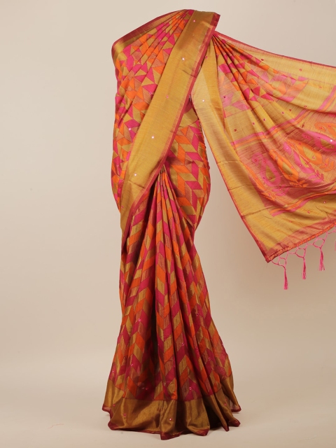 

Pothys Pink & Orange Geometric Brasso Printed Mirror Work Jute Silk Saree