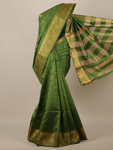 

Pothys Green & Gold-Coloured Floral Embossed Zari Jute Silk Saree