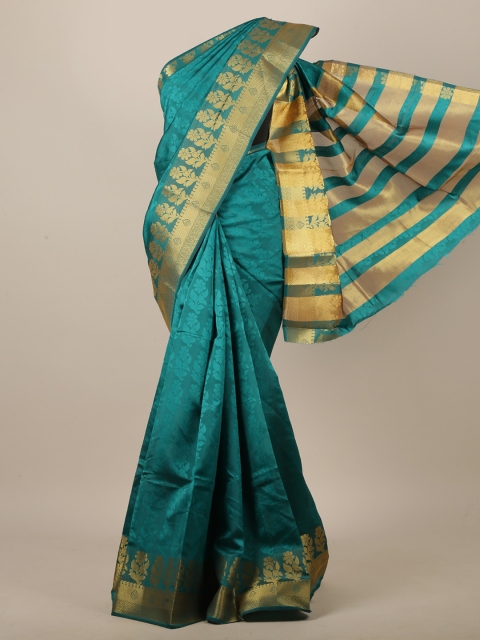

Pothys Green & Gold-Coloured Floral Embossed Zari Jute Silk Saree