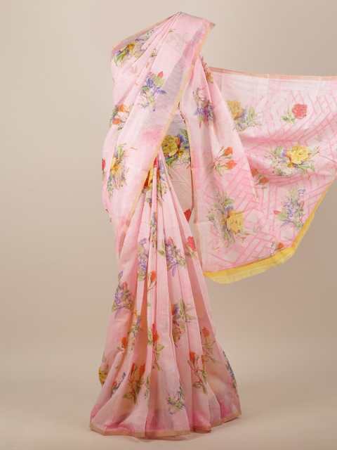 

Pothys Pink & Yellow Floral Printed Jute Silk Saree
