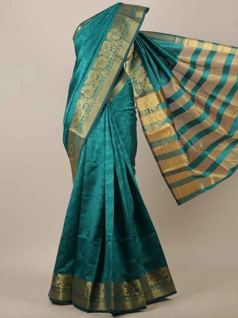 

Pothys Teal & Gold-Coloured Floral Embossed Zari Jute Silk Saree