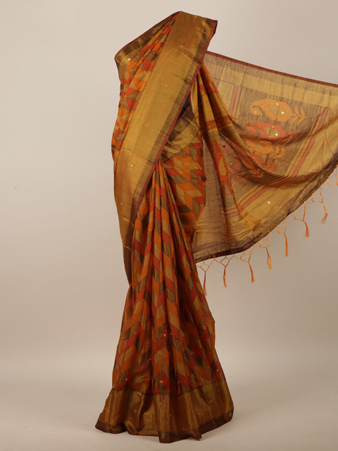 

Pothys Rust & Gold-Coloured Geometric Brasso Printed Mirror Work Jute Silk Saree