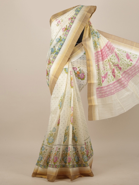 

Pothys Cream-Coloured & Pink Floral Printed Saree