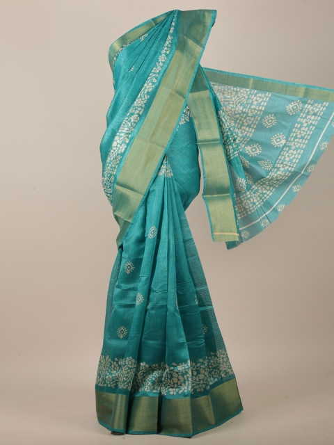 

Pothys Sea Green & White Ethnic Motifs Printed Saree