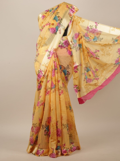 

Pothys Yellow & Fuchsia Floral Printed Saree
