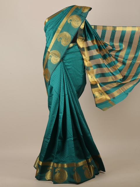 

Pothys Green & Gold-Coloured Ethnic Motifs Embossed Zari Jute Silk Saree