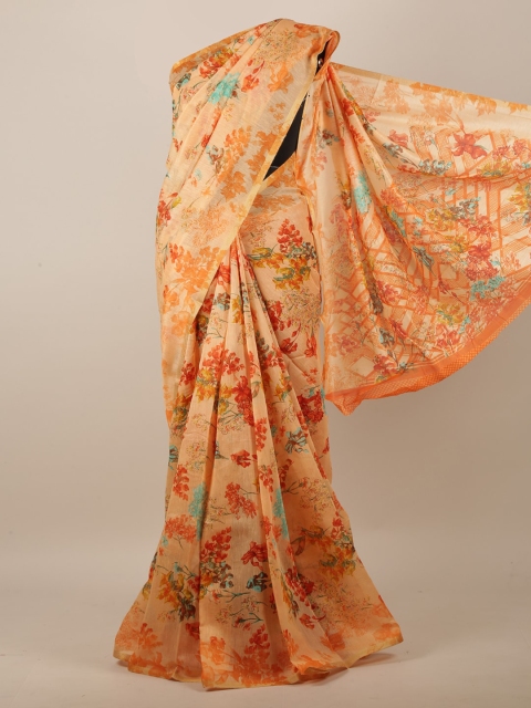 

Pothys Orange & Red Floral Printed Jute Silk Saree