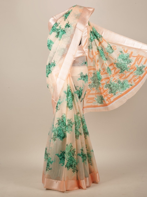 

Pothys Peach-Coloured & Green Floral Printed Saree