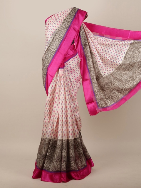 

Pothys Cream-Coloured & Pink Paisley Printed Saree
