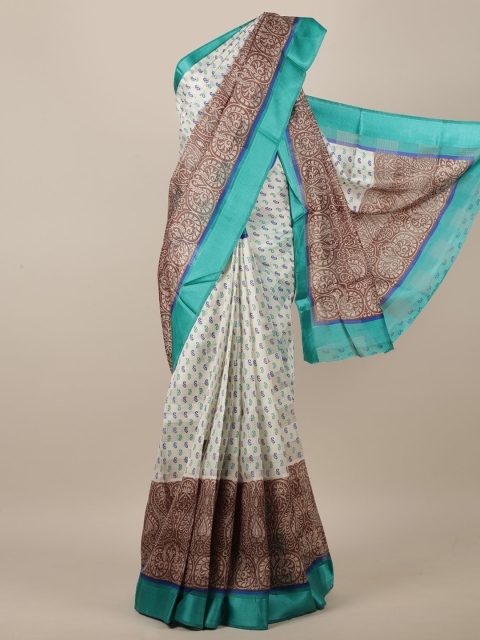 

Pothys Cream-Coloured & Turquoise Blue Paisley Printed Saree