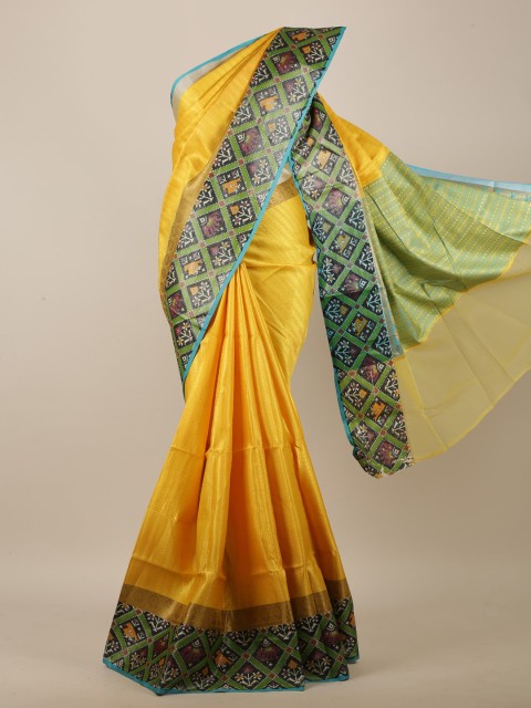 

Pothys Yellow & Green Ethnic Motifs Embossed Jute Silk Saree