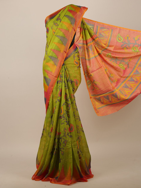 

Pothys Green & Red Floral Brasso Printed Jute Silk Saree