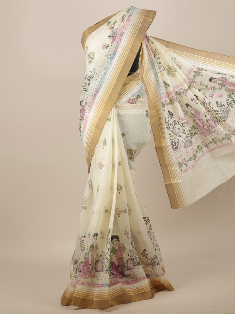 

Pothys Cream-Coloured & Pink Ethnic Motifs Printed Saree