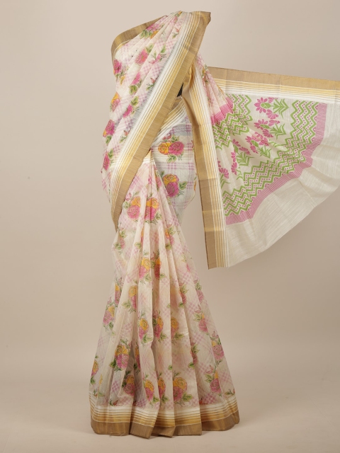 

Pothys Cream-Coloured & Pink Floral Printed Saree
