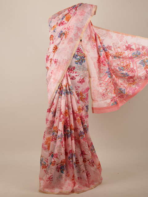 

Pothys Pink & Blue Floral Printed Jute Silk Saree