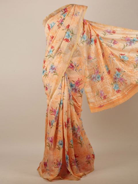 

Pothys Peach-Coloured & Blue Floral Printed Jute Silk Saree