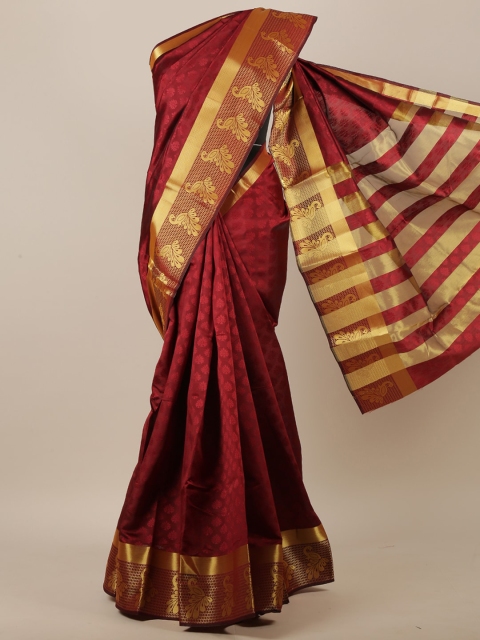 

Pothys Maroon & Gold-Coloured Floral Embossed Zari Jute Silk Saree