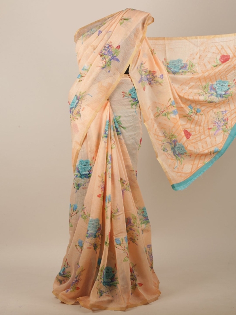 

Pothys Peach-Coloured & Blue Floral Printed Jute Silk Saree