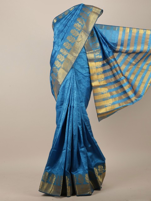 

Pothys Blue & Gold-Coloured Floral Embossed Zari Jute Silk Saree